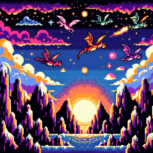 Dragons flying over mountains